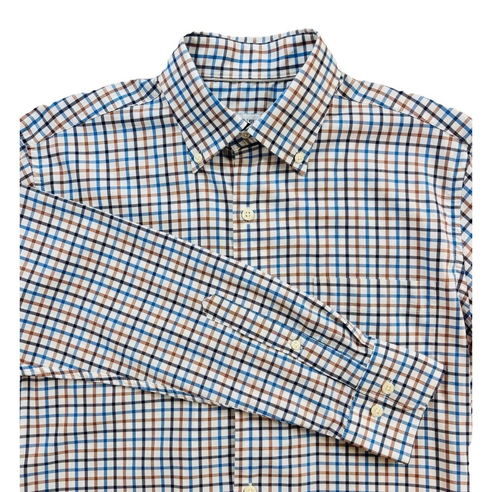 Peter Millar Shirt Mens Small White w/ MultiColor Check Stretch Long Sleeves